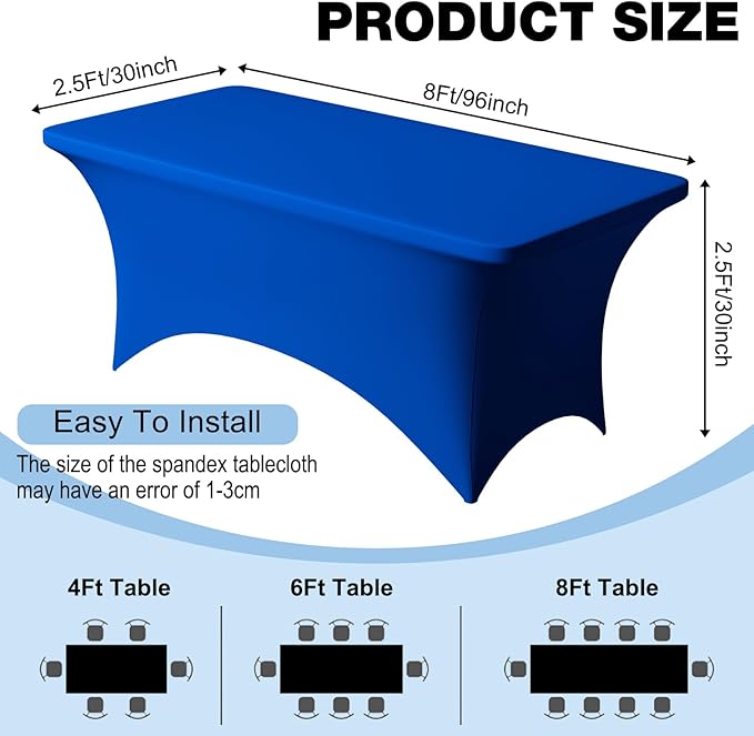 Trlyc 2 Pack 8FT Spandex Table Cloth - 96 x 30 Inch Rectangular Stretch Tablecloth, Wrinkle Resistant Scretch Table Cover for Wedding, Party, Banquet, Picnic, Outdoor Decoration (2Pcs,Royal Blue)