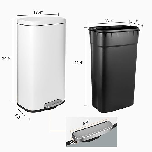 AthLike Trash Can, Stainless Steel Kitchen Garbage Can, Step Waste Bin with Hinged Lid and Removable Inner Bucket, Soft-Close, Dustbin for Bathroom Bedroom Living Room Home (White, 8 Gal)