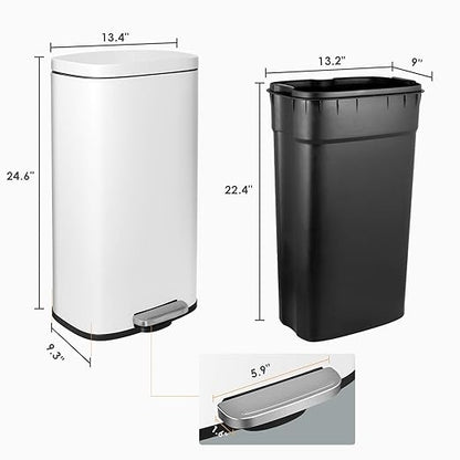 AthLike Trash Can, Stainless Steel Kitchen Garbage Can, Step Waste Bin with Hinged Lid and Removable Inner Bucket, Soft-Close, Dustbin for Bathroom Bedroom Living Room Home (White, 8 Gal)