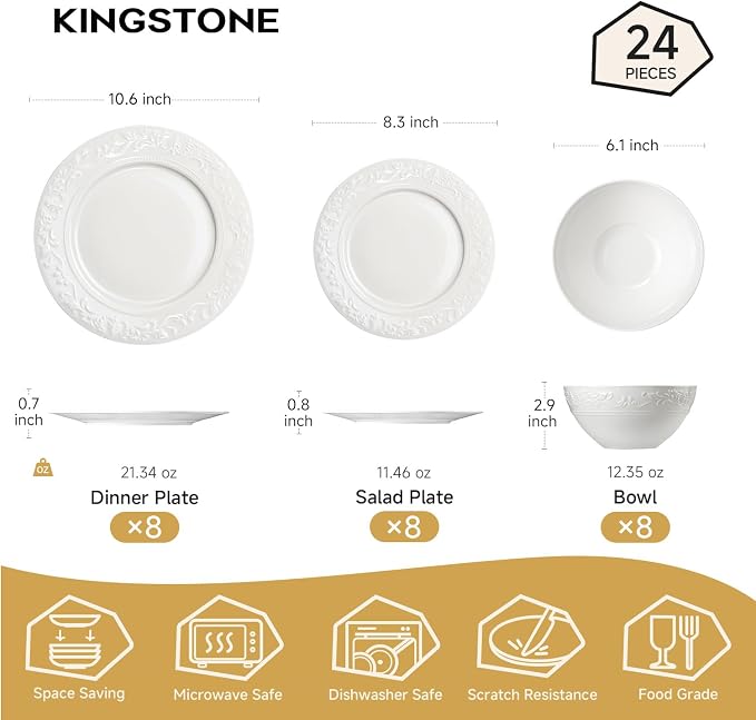 24Pcs Vintage Relief White Bone China Set, Service