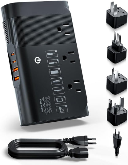 DOACE 500W Pure Sine Wave Voltage Converter, 220V to 110V European Travel Plug Adapter Converter, International Travel Transformer for US to Most Europe，UK, AU, EU, IT with 3 US Outlets & 4 USB, BLACK