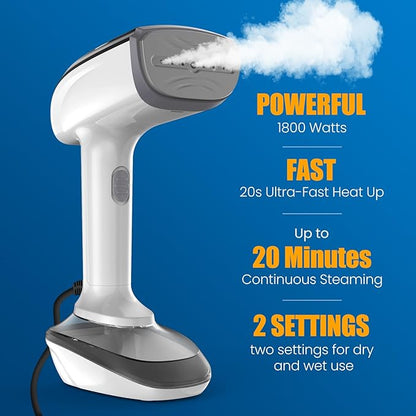 Powerful Handheld Fabric Steamer - 1800W with Fast Ceramic Heat-Up Plate, 2-in-1 Ironing & Wrinkle Remover, Steam Nozzle, Lint Brush - White, for US 120V Only