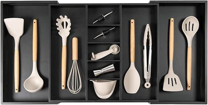 KitchenEdge Adjustable Kitchen Drawer Organizer for Utensils and Junk, Food-Safe Contract Grade with 100% Sustainable Wood, Expandable from 19 to 33 Inches Wide - Black Bamboo