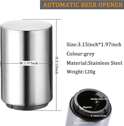 2PCS Pop-the-Top Beer Bottle Opener, Metal Automatic Magnetic Glass Bottle Cap Openers, Wine Bartender Tool Cap Catcher for Bar, Party, Wine Ceremony, Restaurant Household Utensils, Easy to Use-Silver