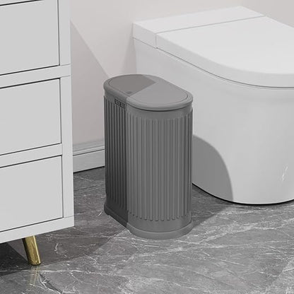 1.8 Gallons Small Stainless Steel Trash Can with Press Type Lid, Slim Bathroom Garbage Bin, Removable Liner Bucket, Dog Proof Narrow Wastebasket with Pop-Up Lid for Bedroom,Toilet (Gray)