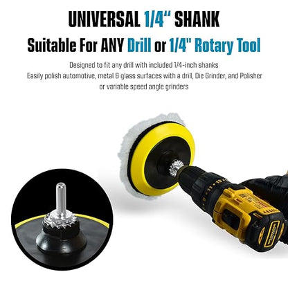 LINE10 Tools 5-Inch Wool Polishing Kit for Drill or Angle Grinder or Orbital, Includes 5 Hard Felt, 5 Soft Wool Buffing Pads with Hook and Loop, Drill Adapter Attachment, Small Car Buffer Auto Glass