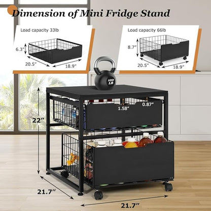 Mini Fridge Stand with Storage Drawer, 21.7”x21.7” Heavy Duty Mini Fridge Table with Wheels, Rolling Beverage Cart with Basket for Home, Office, Bedroom