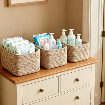 Small Cotton Rope Basket – Storage Bin for Organizing (10.6" x 6.7" x 6.7"), Bathroom Storage Basket for Shelf, Counter & Closet（Beige）