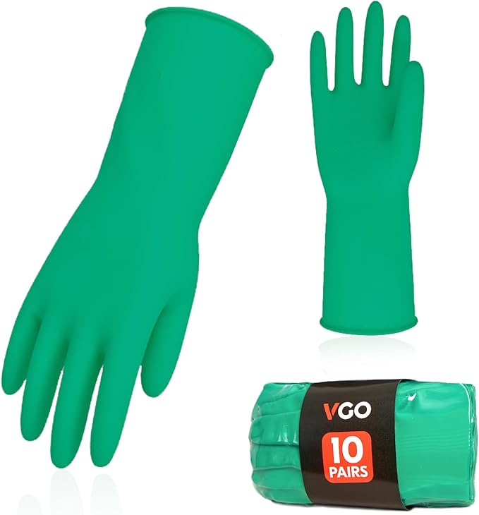 Vgo... 10-Pairs Reusable Household Gloves, Rubber Dishwashing gloves, Extra Thickness, Long Sleeves, Kitchen Cleaning, Working, Painting, Gardening, Pet Care (Size S, Green, HH4601)