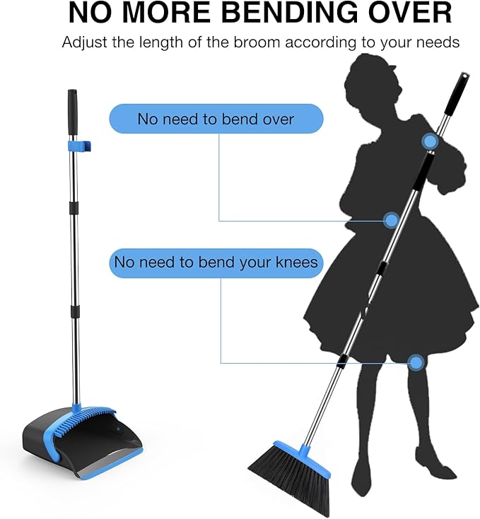 Broom and Dustpan Set, 52-in Long Adjustable Handle Broom Dustpan Combo with Dust pan Teeth to Automatically Clean Hair Suitable for Home Kitchen Office Hall Floor (Black&Blue), 4 Pack