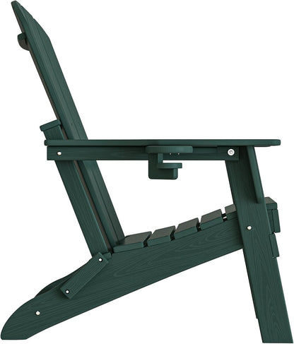 Folding Adirondack Chair - Extended Ergonomic Backrest, Cup Holder - Easy Assembly - Durable HDPE Plastic, Weather Resistant & Maintenance-Free - Lawn, Patio, Deck Supports 380lbs Green