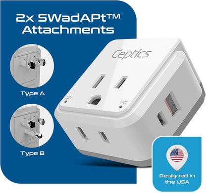 Ceptics Japan, Philippines Power Travel Plug Adapter Set, 20W PD & QC, Safe Dual USB & USB-C 3.1A - 2 USA Socket - Compact - Use in USA, Bahamas, Canada Includes Type A, Type B Swadapt Attachments