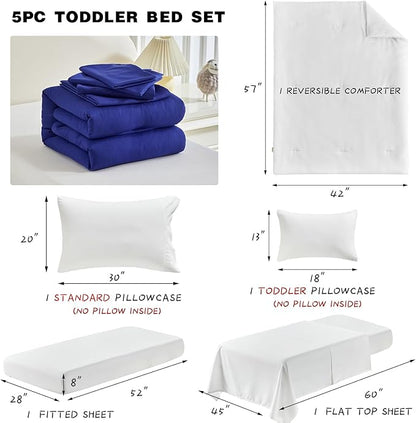 Toddler Bedding Set - 5 Piece Soft and Breathable Toddler Bed Set for Boys and Girls, Includes Quilted Comforter, Fitted Sheet, Flat Top Sheet, Standard Pillowcase and Toddler Pillowcase, White