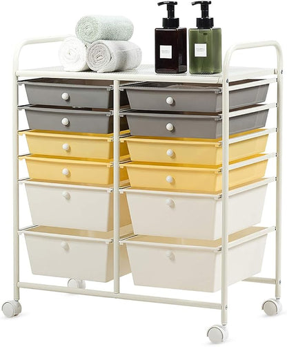GOFLAME 12-Drawer Rolling Storage Cart, Multipurpose Organizer Cart with 2 Sizes Plastic Drawers, Mobile Utility Cart with Lockable Casters for School, Home Office, Beauty Salon, Yellow