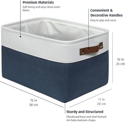 OrganiHaus Large Fabric Storage Baskets for Shelves 3 Pack, 15x11in Closet Storage Bins for Shelves, Cloth Baskets for Organizing, Linen Closet Organizers, Fabric Basket - Navy Blue/White