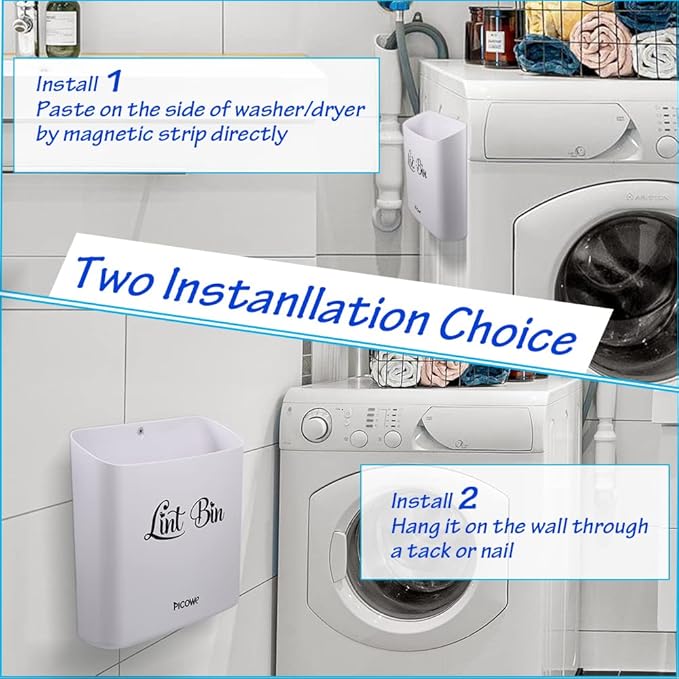 Picowe Magnetic Laundry Storage, Large Lint Holder Bin for Laundry Room, Space-Saving Trash Container Hanging on Dryer, Washer or Wall Mount (Gray White)