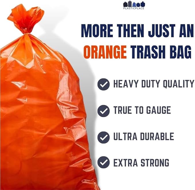 Plasticplace 55-60 gallon Trash Bags │ 1.2 Mil │ Orange Heavy Duty Garbage Can Liners │ 38” x 58” (50 Count)