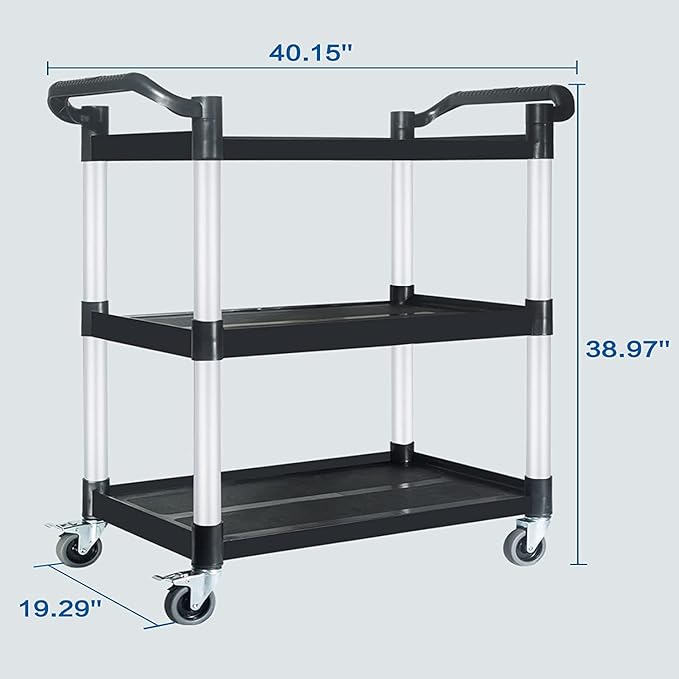 Service Cart with Wheels Lockable Large Size, Plastic Restaurant Cart Heavy Duty, Utility Commercial Cart for Office, Warehouse, Foodservice,40.1" L x 19.2" W x 38.5" H. Black (Large)