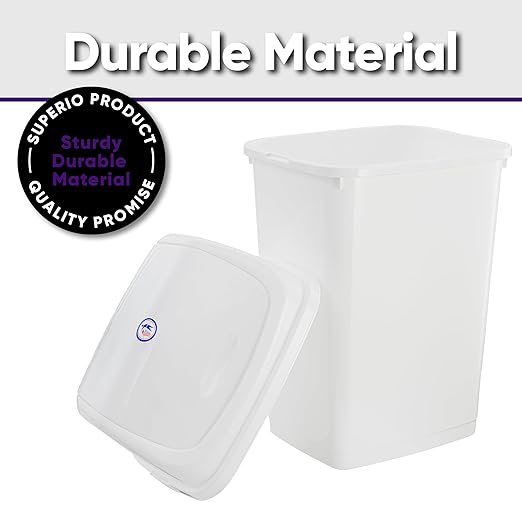Superio Kitchen Trash Can 13 Gallon with Swing Lid, Plastic Tall Garbage Can Outdoor and Indoor, Large 52 Qt Recycle Bin and Waste Basket for Home, Office, Garage, Patio, Restaurant (White)