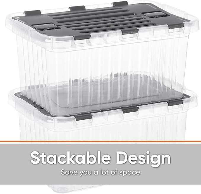 Superio Clear Storage Boxes with Attached Lids, Plastic Container Bins with Hinged Lids for Organizing, Stackable Crates, BPA Free, Non Toxic Organizers (4 Pack, 17"x11.65"x8.75")