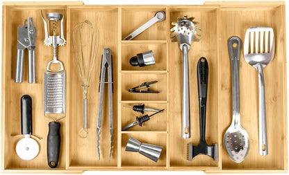 KitchenEdge Adjustable Kitchen Drawer Organizer for Utensils and Junk, Food-Safe Contract Grade with 100% Sustainable Wood, Expandable from 16 to 28 Inches Wide - Natural Bamboo