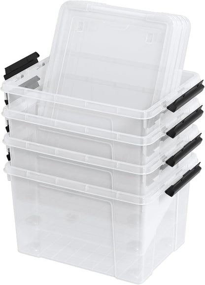 Set of 4 34 L Stackable Plastic Storage Bins with Latching Lids and Wheels, Clear Home Organization Container Box, See-Through