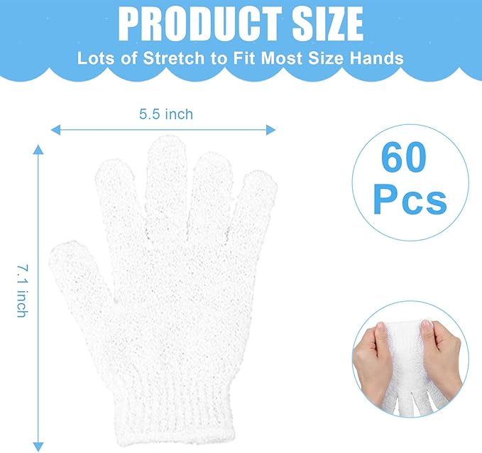 60Pcs Exfoliating Gloves Bulk, Scrub Gloves Exfoliating Body Scrubber Glove Exfoliator for Body Scrub Mitt, Bath Gloves for Shower Exfoliating Shower Glove for Women Bathing Accessories(White)
