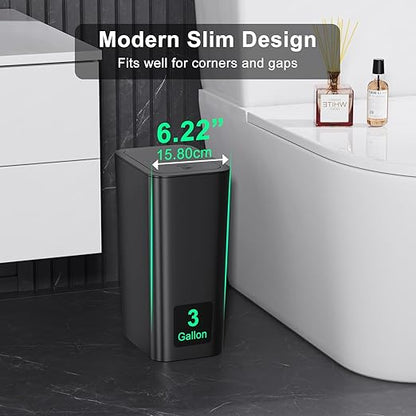 N. NETDOT 3 Pack Small Trash Can with lid, 3 Gallon Bathroom Trash Can,Garbage Can Slim Trash Bin Waste Basket for Bathroom,Kitchen,Bedroom,Living Room,Office,Laundry - Black