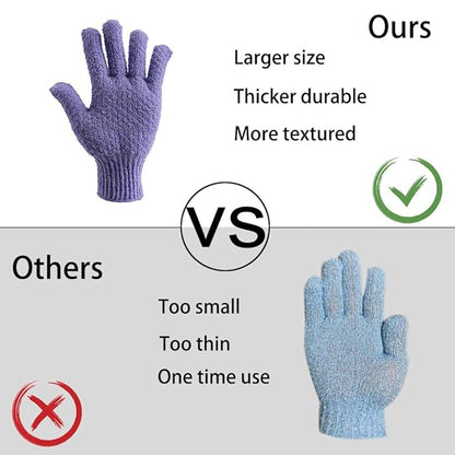 Bath Exfoliating Gloves Scrub - 4 pcs(2 pairs) Lengthened and Large Exfoliating Scrubbing Gloves for Shower, Spa, Massage - Scrub Exfoliating Mitts for Body, Face, Hand （Purple and Beige）