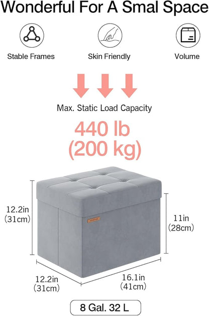 Folding Storage Ottoman, Velvet Storage Bench, Footrest, Foot Stool, for Living Room, Bedroom and Office,12.2 x 16.1 x 12.2 Inches, 200 kg Load Capacity, Dove Gray UASND03G
