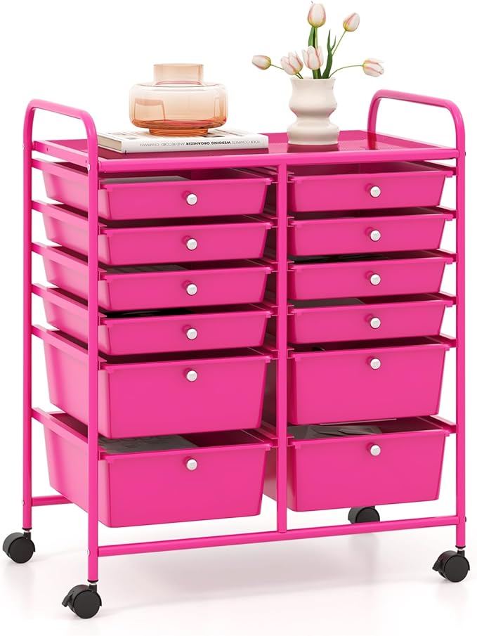 GOFLAME 12-Drawer Rolling Storage Cart, Multipurpose Organizer Cart with 2 Sizes Plastic Drawers, Mobile Utility Cart with Lockable Casters for School, Home Office, Beauty Salon, Hot Pink