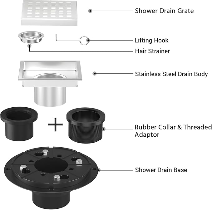 6 Inch Square Shower Floor Drain Brushed Stainless Steel Drain Kit with Flange, Removable Grid Cover, Hair Strainer