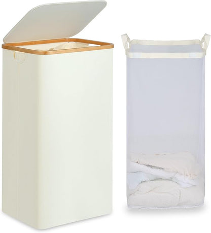 efluky Laundry Basket with Lid and Removable Bag, 100L Tall Laundry Hamper with Bamboo Handles, Aesthetic Dirty Clothes Bin for Laundry Room, Bathroom, Bedroom and Dorm, Beige