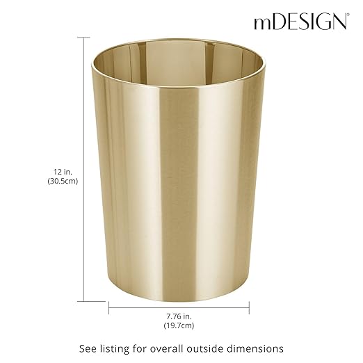 mDesign Stainless Steel Round Metal Trash Can, Small 2.8 Gallon Wastebasket, Garbage Basket Bin for Bathroom, Bedroom, Kitchen, or Home Office, Holds Waste and Recycle, Mirri Collection, Soft Brass