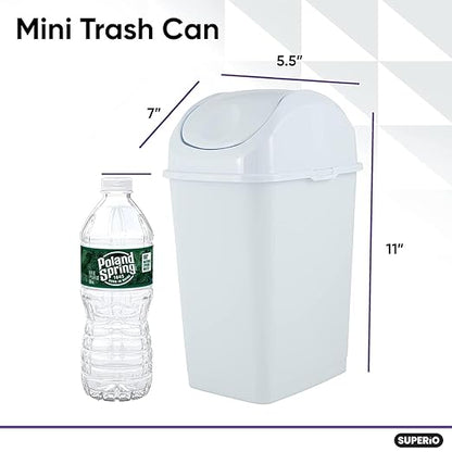 Superio Mini Desktop Trash Can with Swing Top Lid Portable Plastic Garbage Can for Countertop, Desktop, Make up Vanity, Bathroom, Car, Under Sink, Dorm, Compact Waste Bin 5 L, 1.25 Gal. (White)