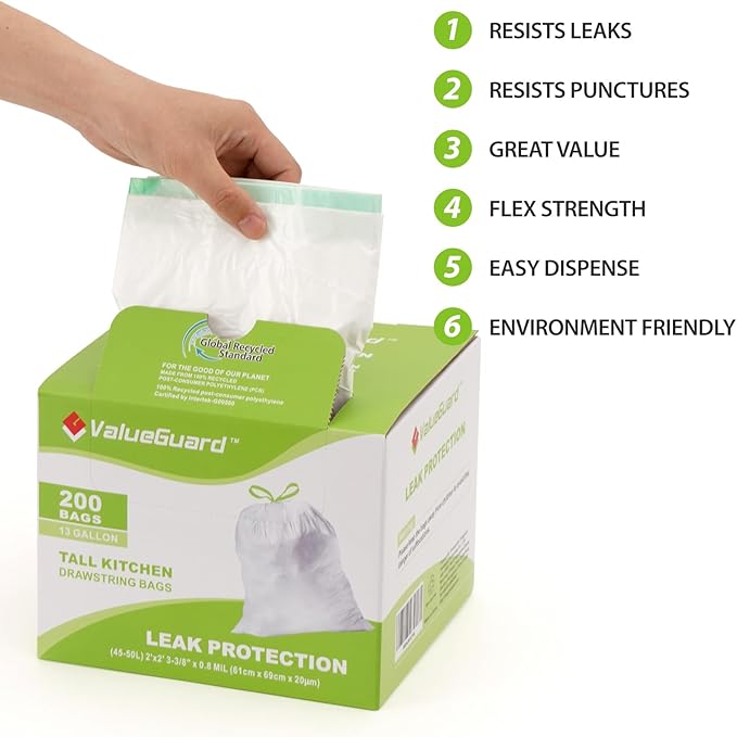 Large Trash Bag 13 Gallon Tall Drawstring 100% Post-Consumer Recycled Garbage Bag Waste Bag for Kitchen Office 0.8 Mil (200 Count)