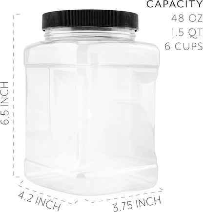 Cornucopia Brands 48oz Square Plastic Jars (3-Pack); Clear Rectangular 6-Cup Canisters w/Black Lids, Easy-Grip Side