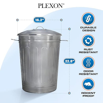 Plexon Round Trash Can 13 Gallon, Vintage Metal Outdoor Trash Can with Lid, Retro Farmhouse Garbage Container, Old School Modern Ash Bucket, Galvanized Steel 6 Pack