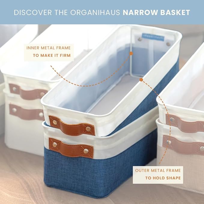 OrganiHaus Narrow Storage Bins 15x06in, Small Closet Bins for Shelves, Bathroom Storage Baskets, Narrow Baskets, Fabric Organizer with Handles, Toilet Paper Organizer - 2 Pack, White w/ Brown Stripes