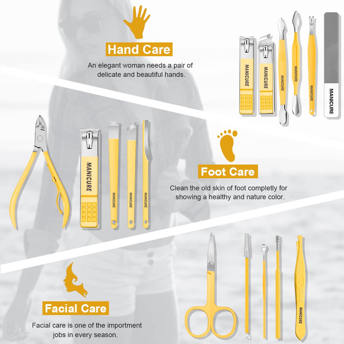 Manicure Set Professional Nail Clippers Pedicure Kit, 16 pcs Stainless Steel Nail Care Tools Grooming Kit with Luxurious Travel Leather Case for Thick Nails Men Women Gift (Yellow)