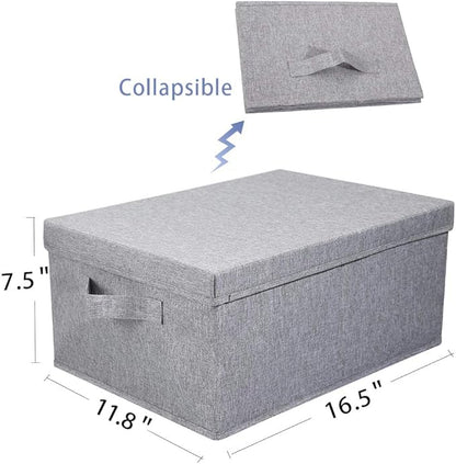 HOONEX Linen Foldable Storage Bins with Lids, 2 Pack, Storage Boxes with Carrying Handles and Sturdy Heavy Cardboard, 16.5" L x 11.8" W x 7.5" H for Shoes, Books, Clothes, Light Grey