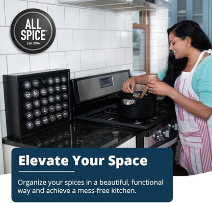 AllSpice Spice Rack Organizer, Wood, 525 Unique Labels, Countertop or Wall Mount, Includes 30 4oz Jars- Matte Black