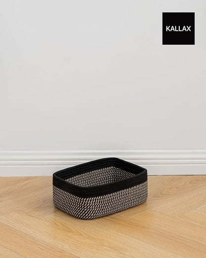 Small Woven Basket, 12 x 8 x 4.5 Inches, Storage Basket for Organizing, Cute Small Rope Shelf Closet Cube Storage Bins Baskets for Shelves, Dog Toy Gift Baskets Empty, 3 Pack Black & Brown