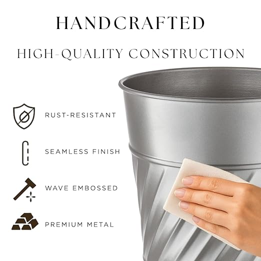Monarch Abode Pewter Handcrafted Wave Embossed Metal Wastebasket for Home Office, Decorative Waste Basket, Modern Bathroom Garbage Can, Durable & Decorative Trash Bin, Pewter Bathroom Trash Can