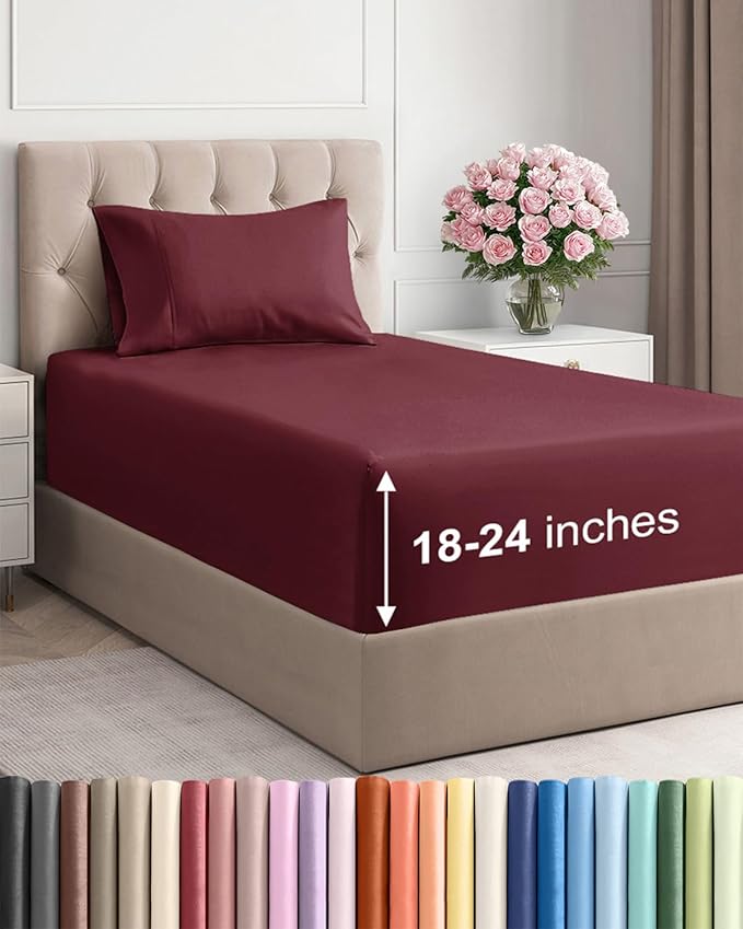 Extra Deep Pocket Twin Sheets - 3 Piece Breathable & Cooling Bed Sheets - Hotel Luxury Bed Sheet Set - Soft, Wrinkle Free & Comfy - Easily Fits Extra Deep Mattresses - Deep Pocket Burgundy Sheets Set