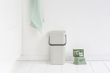 Brabantia Sort & Go Kitchen Recycling Can (4.2 Gal/Light Gray) Stackable Waste Organiser with Handle & Removable Lid, Easy Clean, Fixtures Included for Wall/Cupboard Mounting
