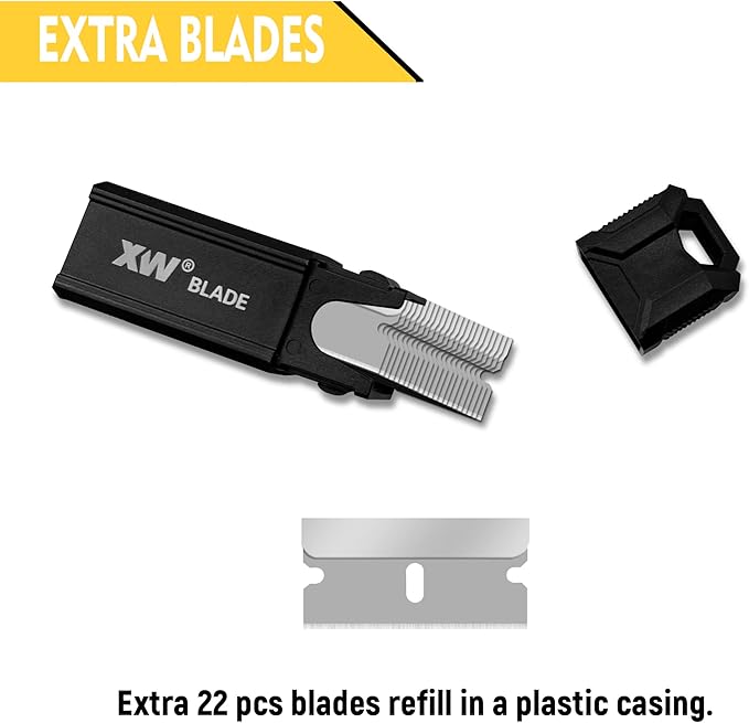 XW 7-Pack Razor Scraper Set, 4 PCS All-Metal Razor Blade Scrapers and 3 PCS Mini Plastic Scrapers, Extra 22 PCS Razor Blades Included