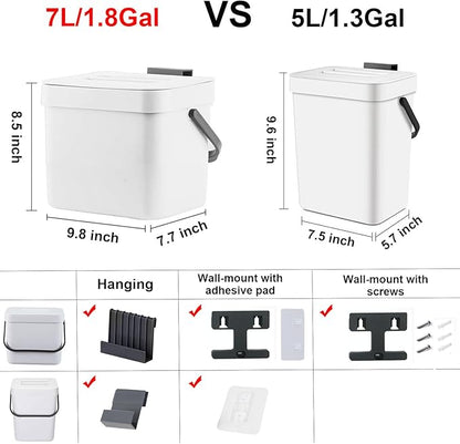 LALASTAR Trash Can with Lid, Wall-Mounted Under Sink Small Garbage Can for Kitchen, Bathroom, Hanging Plastic Trash Can, 1.8 Gallon, White