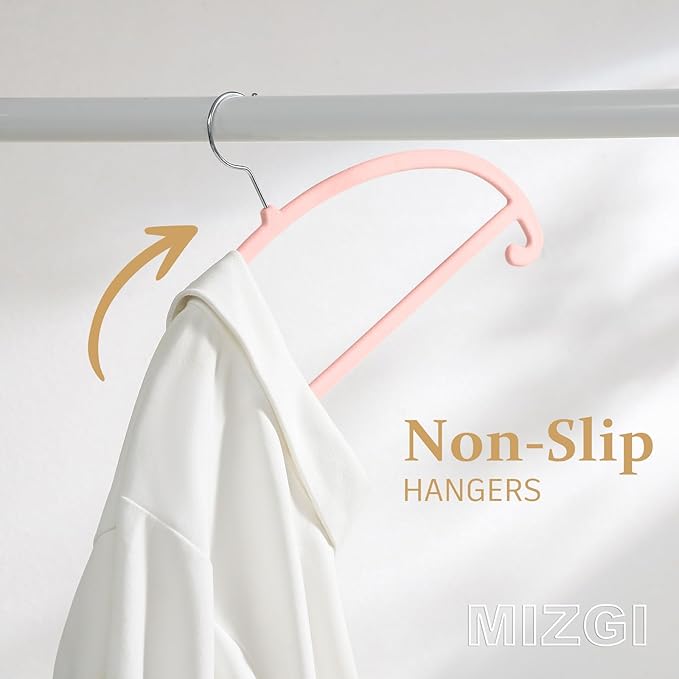 MIZGI 50 Pack Blush Pink Velvet Hangers - No Shoulder Bumps, Heavy Duty Non-Slip Chrome Hooks for Jackets, Coats, Pants