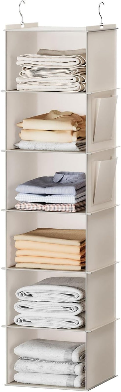 YOUDENOVA Hanging Closet Organizer, 6-Shelf Closet Hanging Storage with Side Pockets, Beige